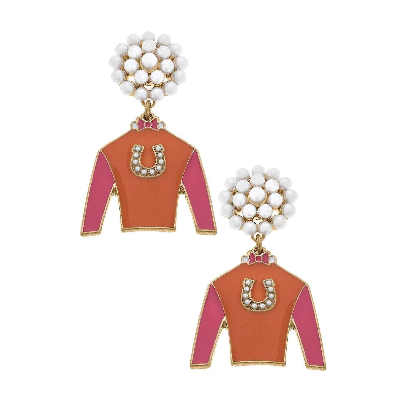 Crystal-twisted earrings-Canvas Style - Riva Ridge Jockey Silk Enamel Drop Earrings in Orange & Pink