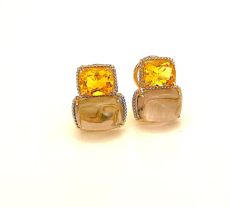 Pink gold earrings-18kt Yellow Gold Cushion Rope Twist Border Earring with Citrine and Smoky Topaz