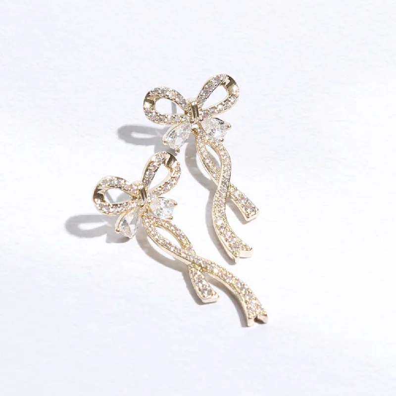 Spinel earrings-Long Tail Gold Ribbon CZ Post Earrings