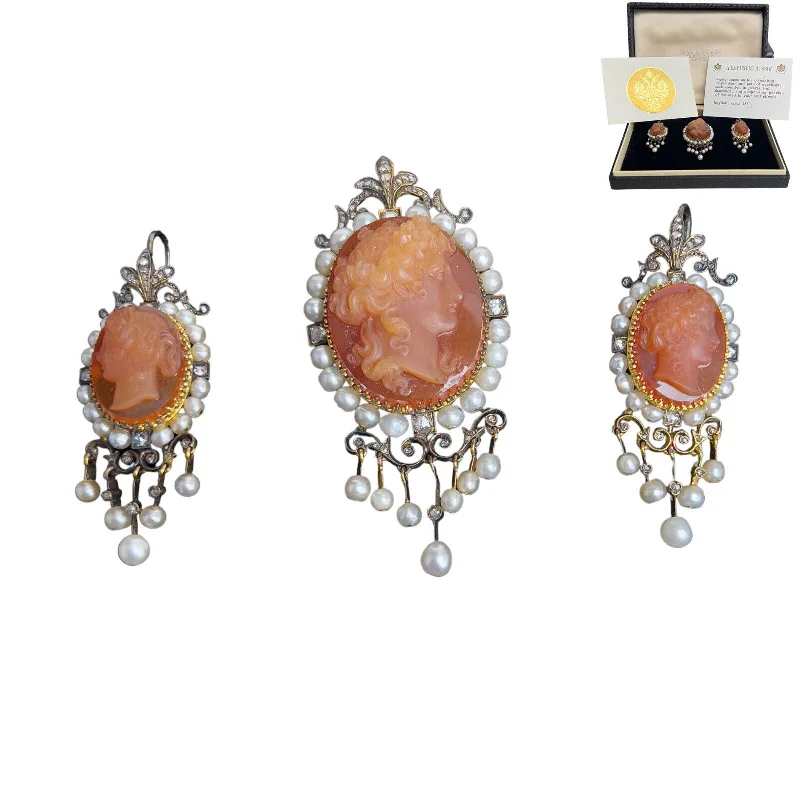 Square stud earrings-A La Vieille Russie Agate Cameo Gold & Silver Diamond Pearl Pendant Earrings Set