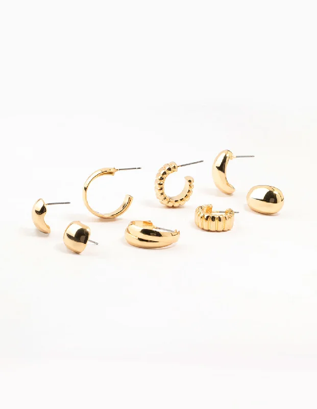 Polished art earrings-Gold Plated Buggle Ribbed Earrings 4-Pack