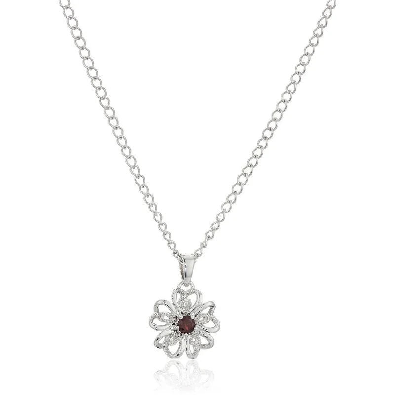 Victorian style necklaces-Sterling Silver Red Garnet Black Flower Pendant Necklace, 18"