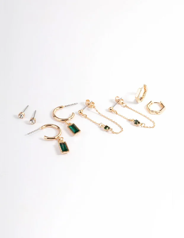 Coiled cord earrings-Green Diamante Baguette Earrings 4-Pack