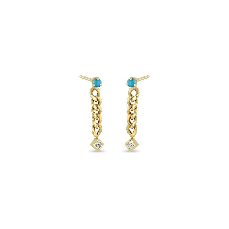 Smooth drop earrings-14k Prong Turquoise & Princess Diamond Small Curb Chain Drop Earrings