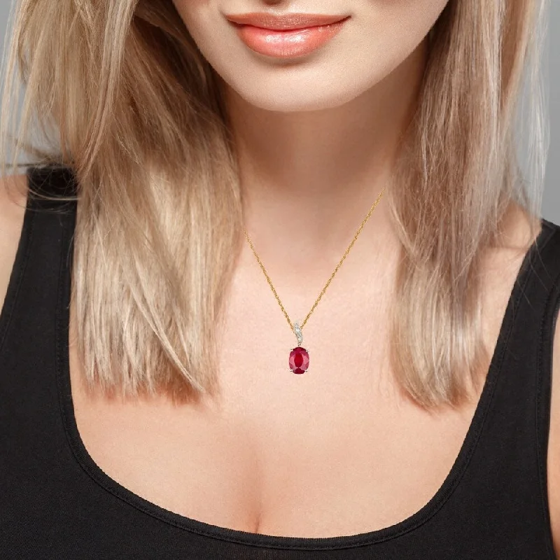 Surf wave necklaces-Viducci 10k Yellow Gold Genuine Oval Ruby and Diamond Pendant Necklace