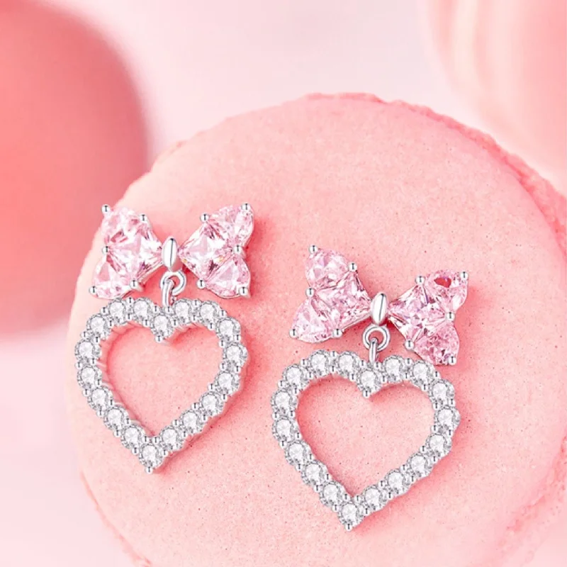 Swirl shape earrings-"Bow For Princess" Pink Bow And Heart Shape Sterling Silver Earrings