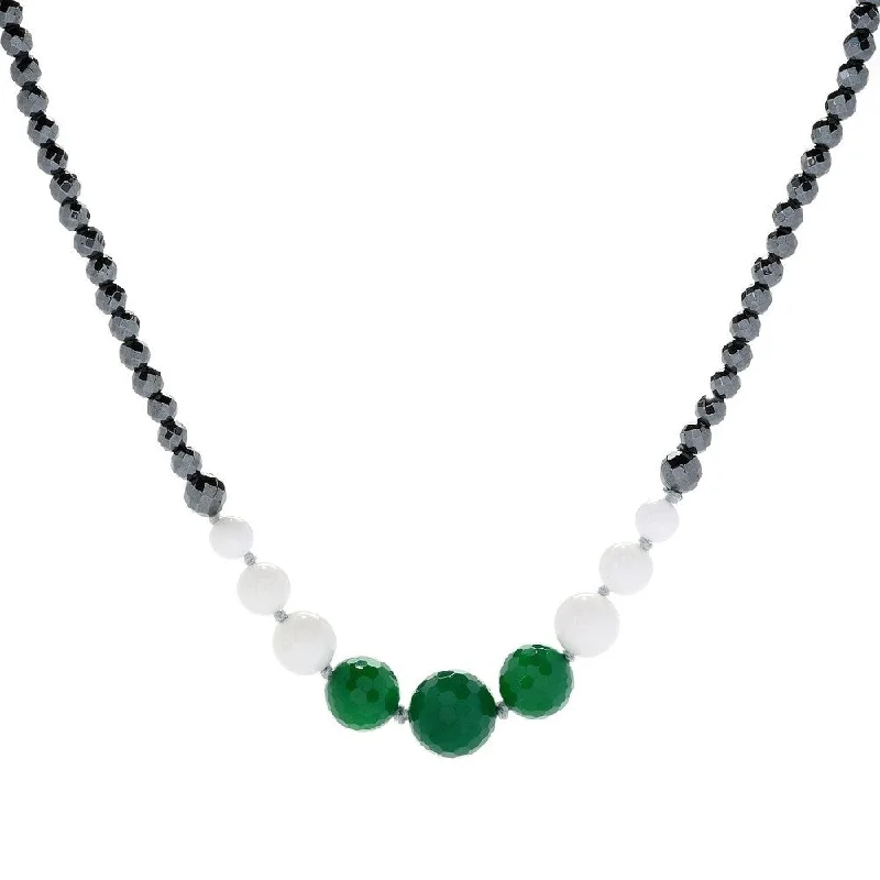 Braided link necklaces-Green Agat Hematite, White Agate & Gemstone Bead Necklace 42"