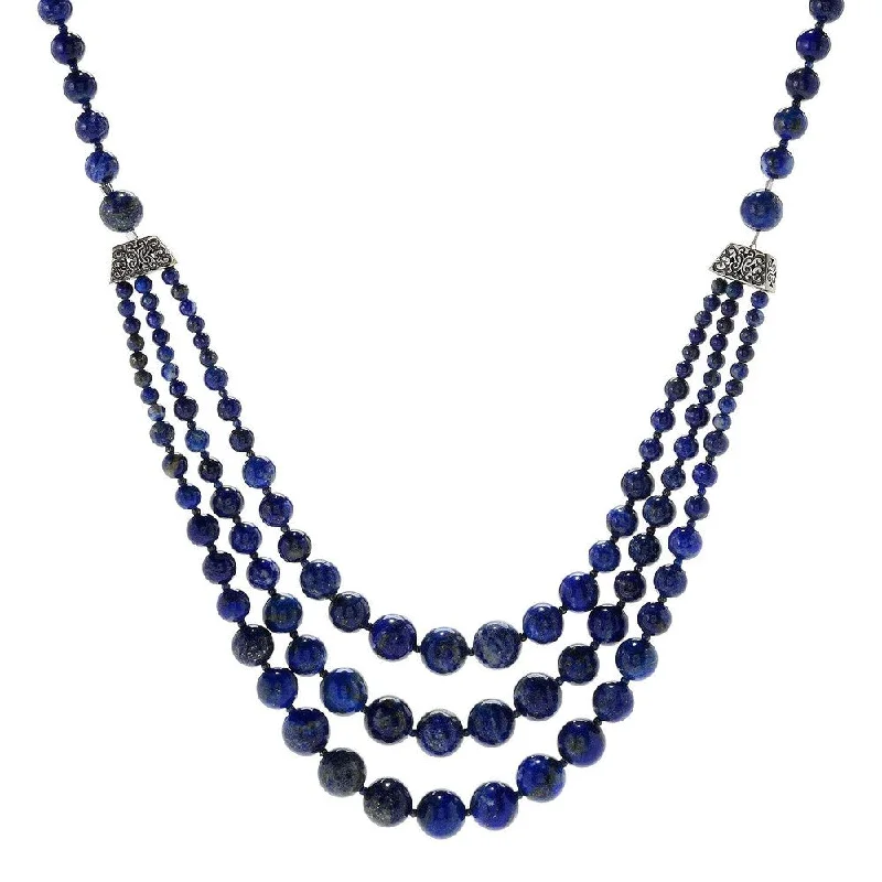 Drape-style necklaces-Sterling Silver 29" Lapis lazuli Beaded 3-Strand Necklace