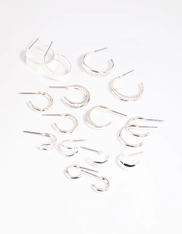 Dove feather earrings-Silver Simple Hoop Earring 8-Pack