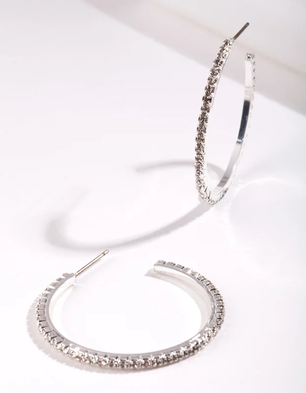 Pure stud earrings-Silver Medium Diamante Hoop Earrings