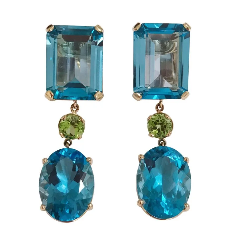 Lily motif earrings-Yellow Gold Geometric Drop Earring with Blue Topaz and Peridot