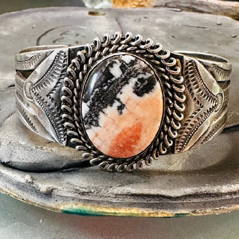 Pure link bangles-Old Navajo Sterling Silver & Petrified Wood Cuff Bracelet