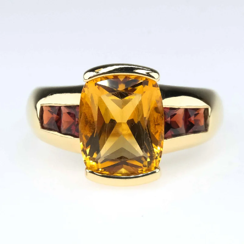 Carved initial engagement rings-2.22ctw Cushion Citrine with Garnet Accented Gemstone Ring in 10K Yellow Gold