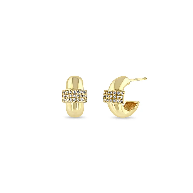 Topaz earrings-14k 3 Pavé Diamond Row Door Knocker Huggie Hoops