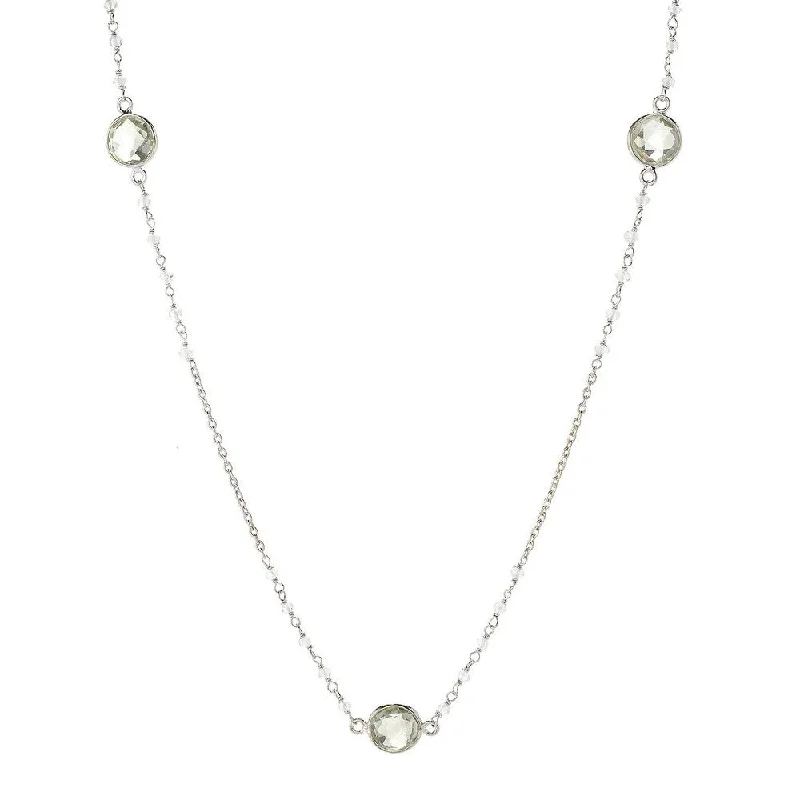 Flat knot necklaces-Sterling Silver 36" 10mm Green Amethyst & Rainbow Moonstone Station Necklace