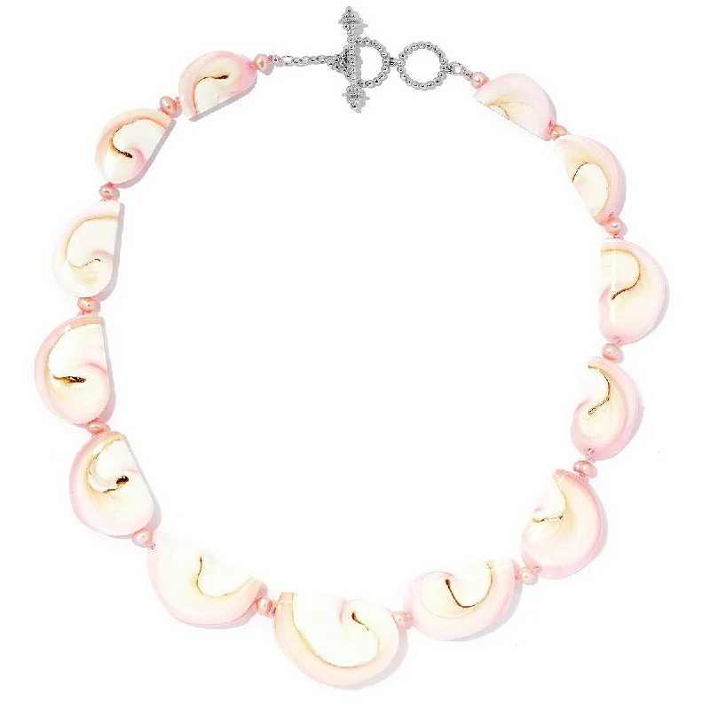 Retro deco necklaces-Dallas Prince Designs Sterling Silver Pink Conch Shell & Cultured Pearl Toggle Necklace.