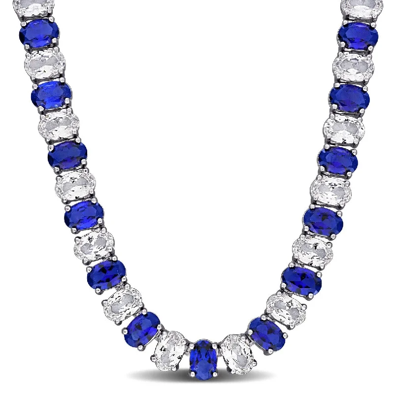 Elegant design necklaces-Miadora 71 1/4ct TGW Created Blue White Sapphire Tennis Necklace in Sterling Silver