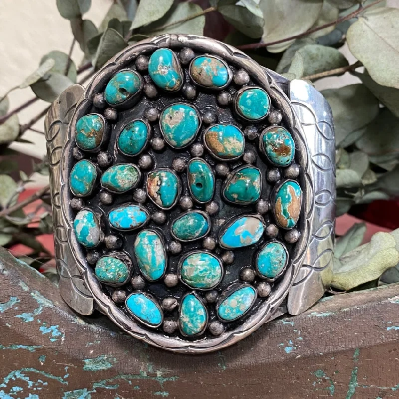 Bead charm bangles-Huge Vintage Navajo Turquoise Cluster Bracelet Sterling Silver