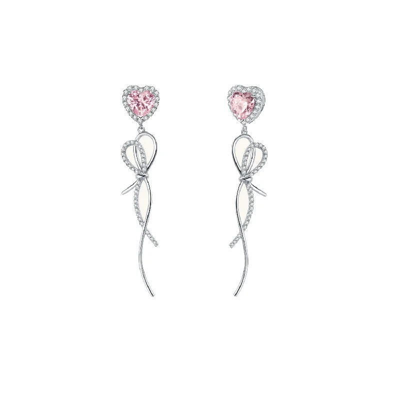 Worn medallion earrings-FANCIME "Sugar Talk" Pink Heart Long Drop Sterling Silver Earrings