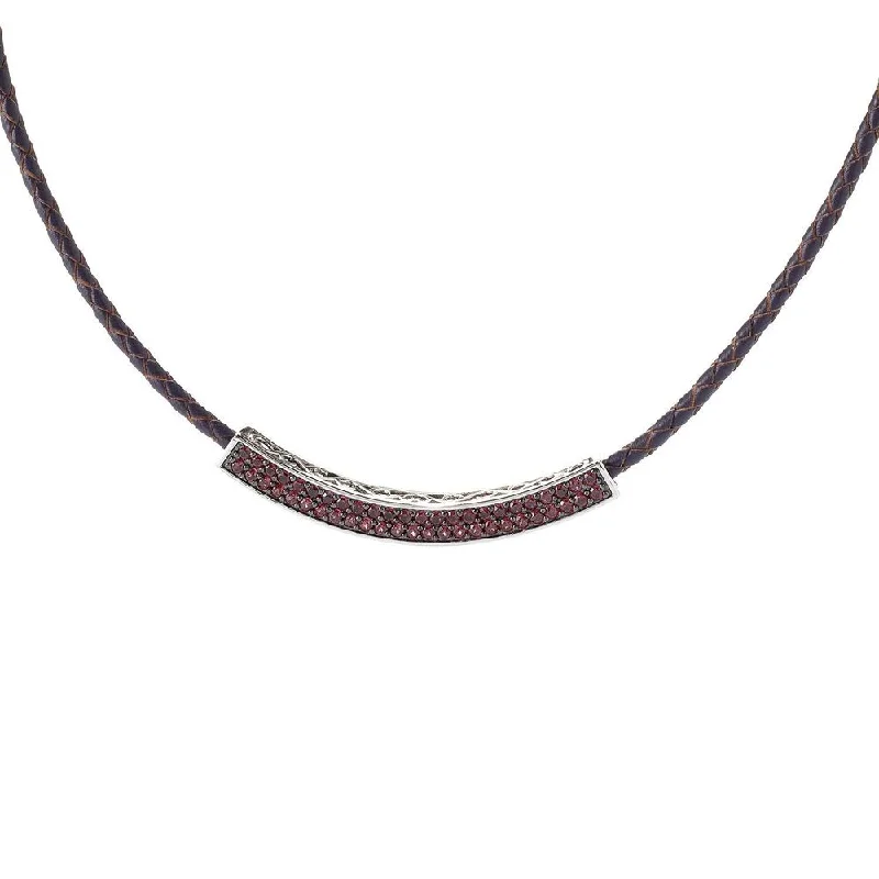 Antique bronze necklaces-Platinum over Sterling Silver Gemstone Curved Braided Leather Necklace