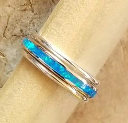 Spiral gem engagement rings-Thin Bands & Blue Opal Channel (Select Band Style)