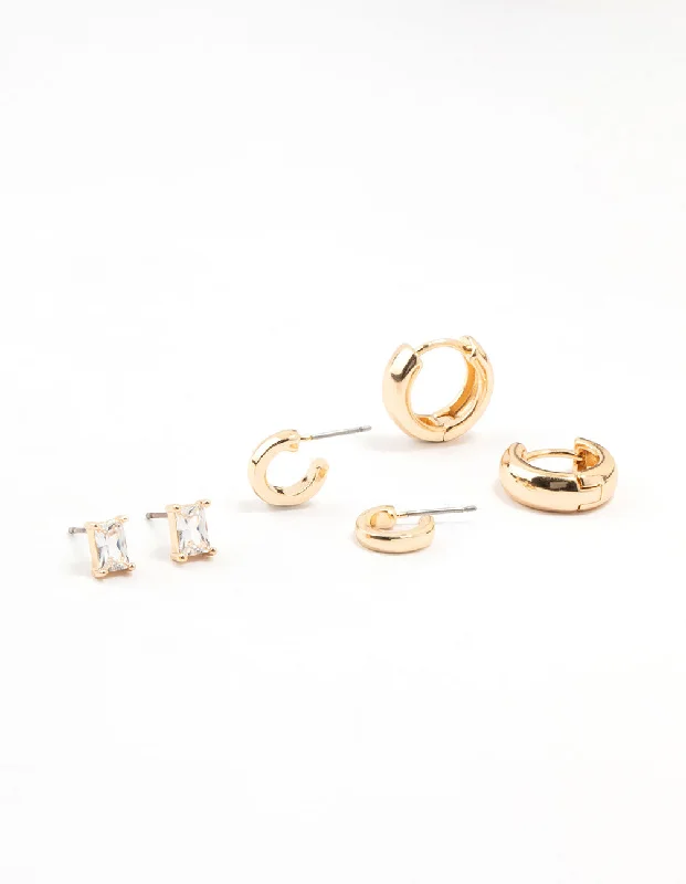 Wave design earrings-Gold Classic Cubic Zirconia Stud & Hoop Earrings 3-Pack