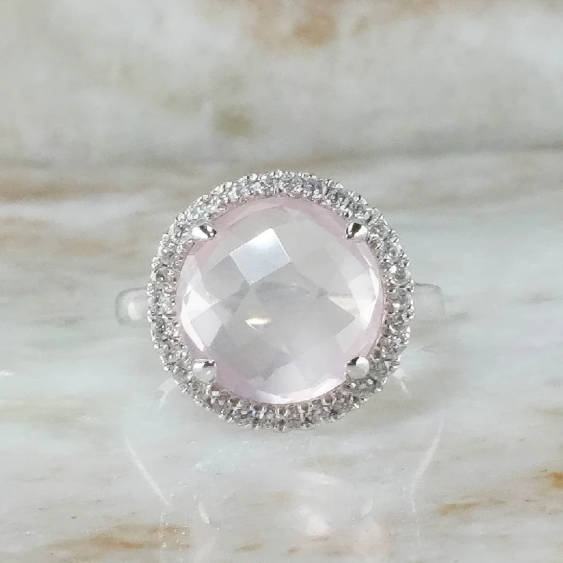 Marquise cut engagement rings-14K White Gold 4.45ct Round Checkerboard Rose Quartz & Diamond Accents Halo Ring