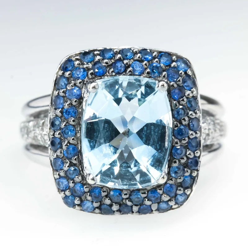 Twisted shank engagement rings-Aquamarine with Created Sapphire and White Topaz Accented Ring in 14K White Gold