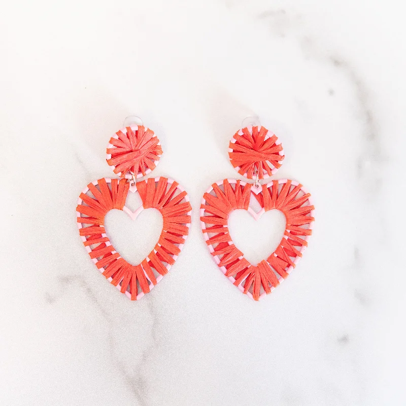 Thick tier earrings-Red Raffia Heart Earrings