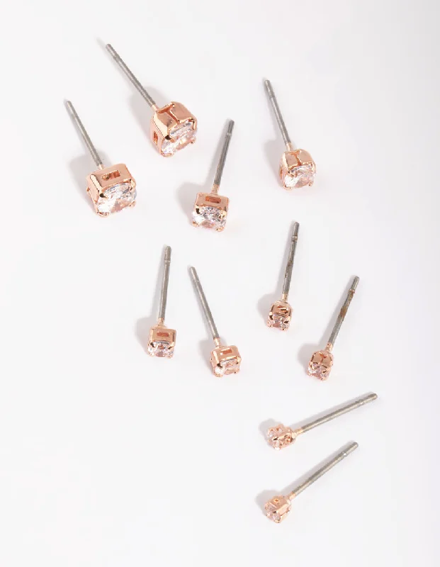 Vibrant enamel earrings-Rose Gold Diamante Stud Earring Pack