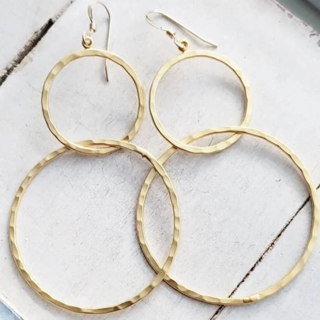 Astro charm earrings-Gold Hammered Circle Hoops Earrings