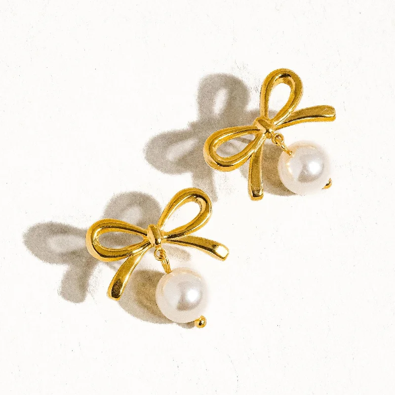 Smooth drop earrings-Aleah Gold Non-Tarnish Bow Pearl Earring