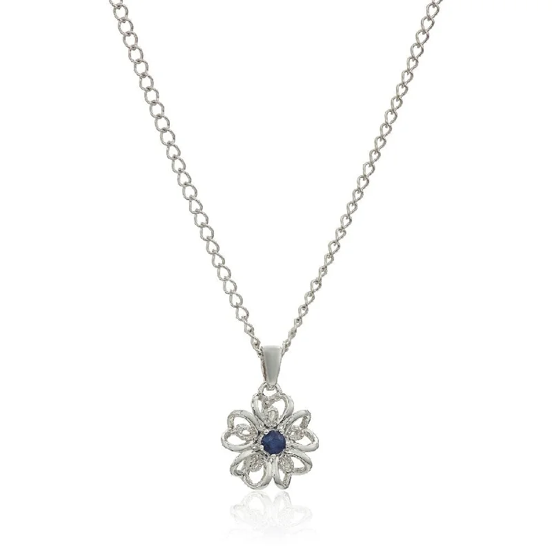 Solid link necklaces-Sterling Silver Blue Sapphire Black Flower Pendant Necklace, 18"