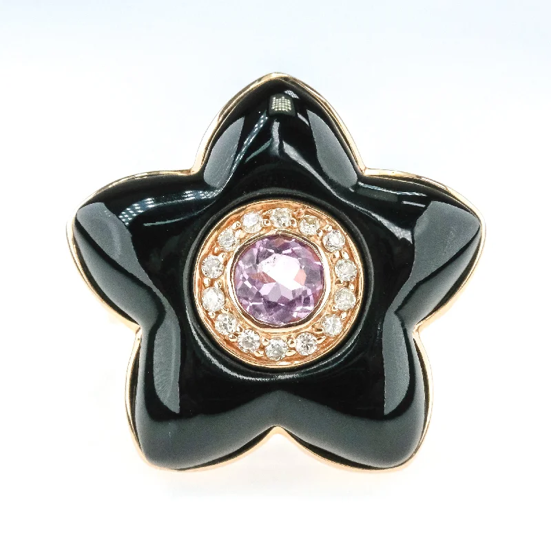 Crystal-twisted engagement rings-0.40ct Amethyst w/ Diamond Halo Accents Flower Shaped Onyx Ring in 14K Rose Gold