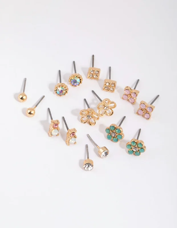 Topaz stone earrings-Gold Flower & Diamante Stud Earring Pack