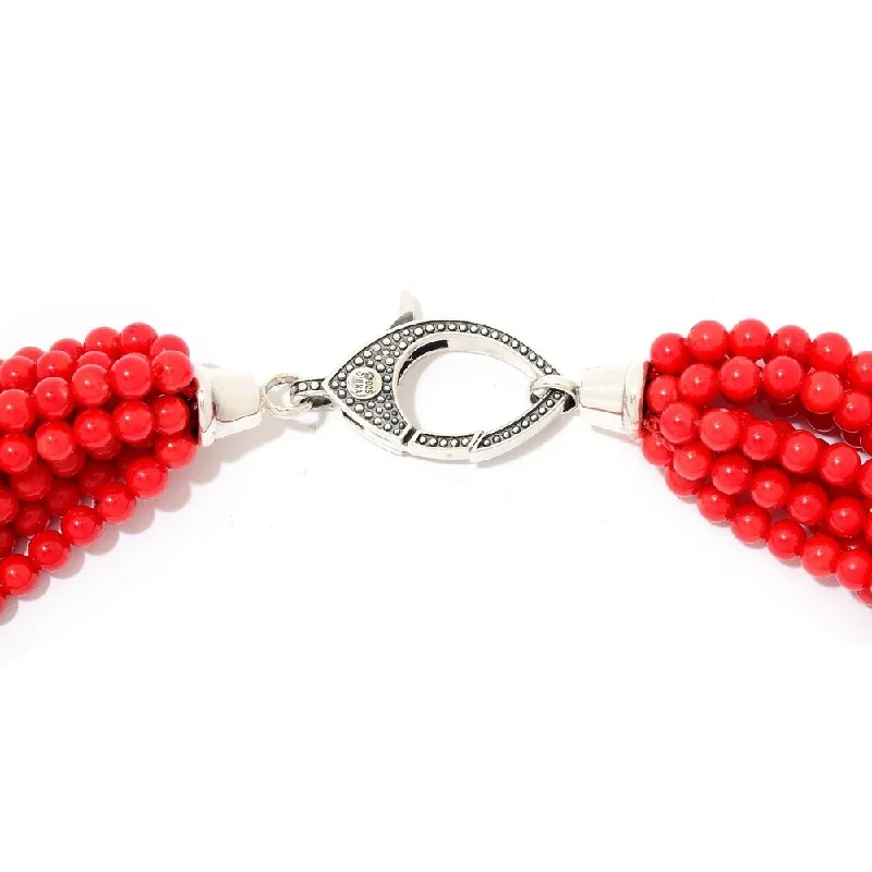 Spinel necklaces-Red Coral Multi Strand Beaded Necklace w/ Designer Clasp