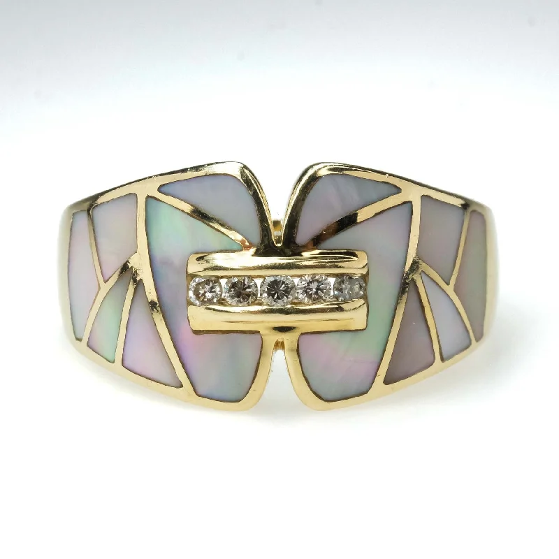 Secure clasp engagement rings-Mother of Pearl Inlay with Diamond Accents Ring in 14K Yellow Gold