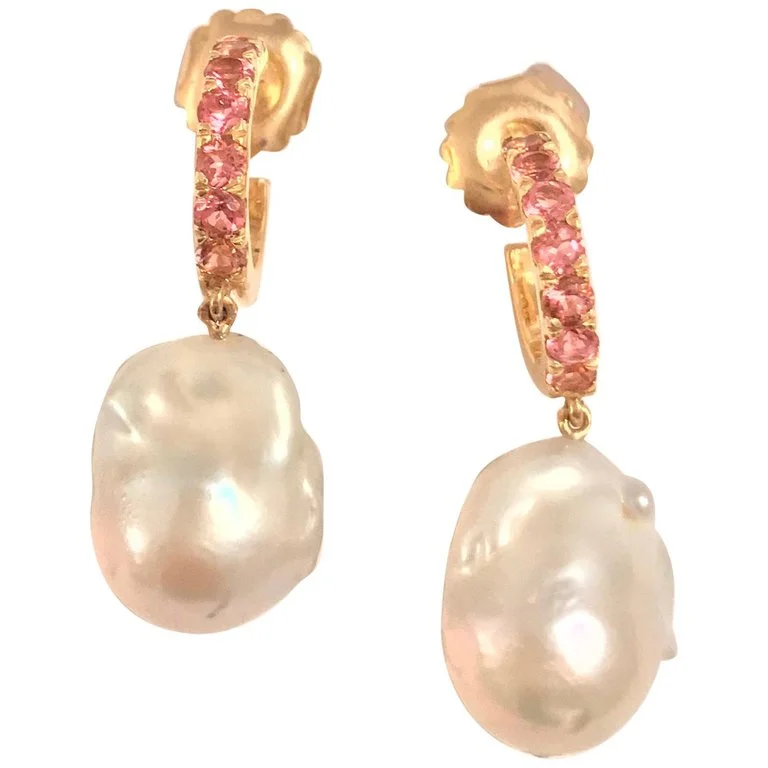 Bold cross earrings-18kt Yellow Gold Pink Topaz Hoop with Dangling Baroque Pearl with Diamond Accent