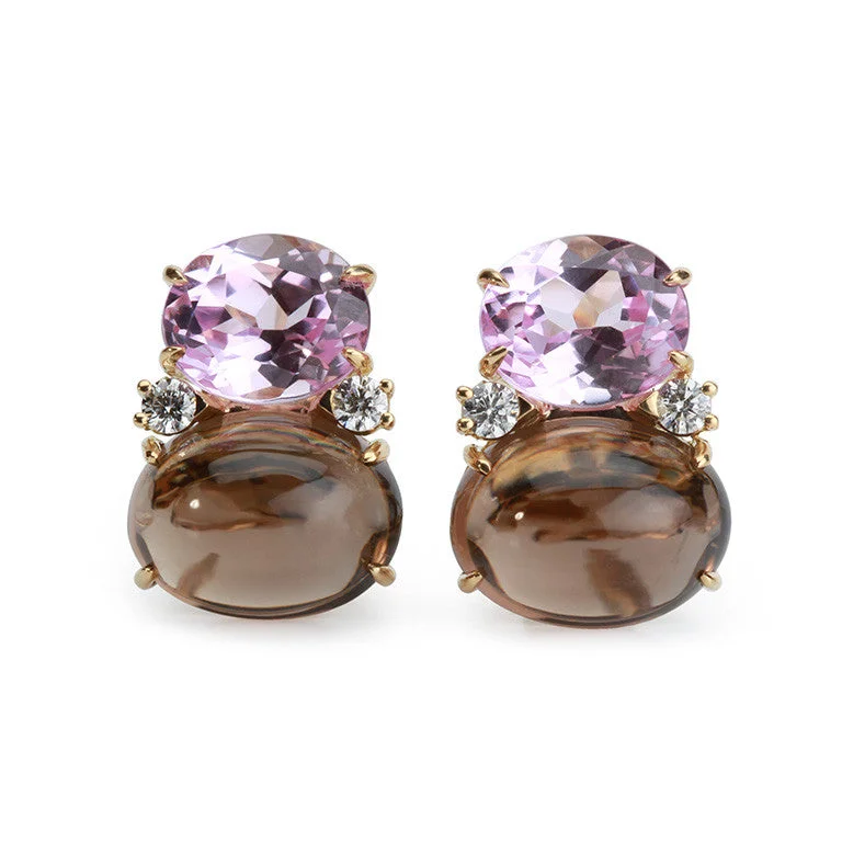 Morganite stud earrings-Large GUM DROP™ Earrings with Pink Topaz and Cabochon Smoky Topaz and Diamonds