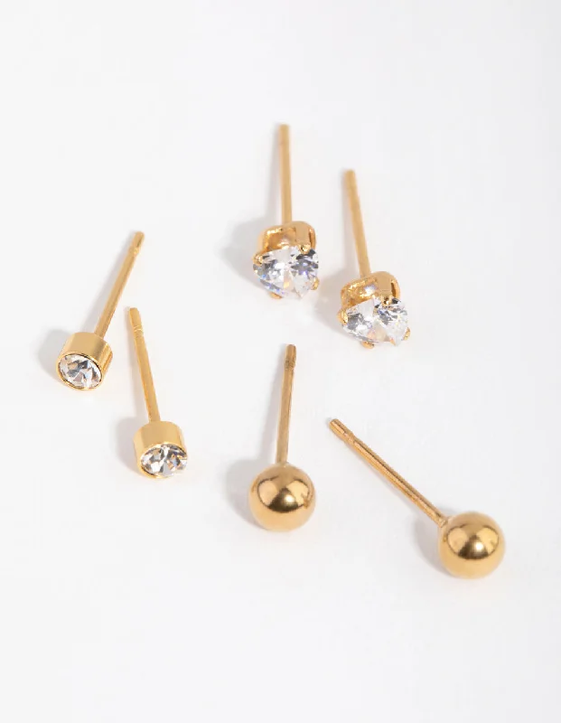 Retro clip earrings-24 Carat Gold Plated Surgical Steel Love Stud Earrings 3-Pack