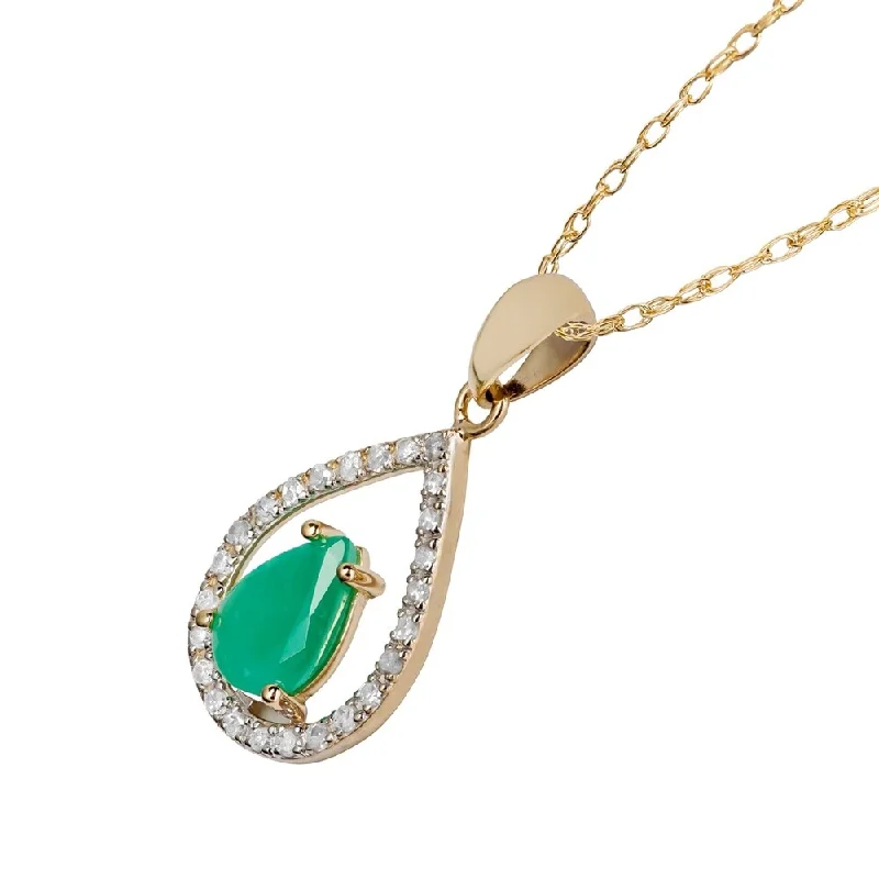 Silk fringe necklaces-Viducci 10k Yellow Gold Genuine Pear-Shape Emerald and Diamond Halo Tear-Drop Pendant Necklace