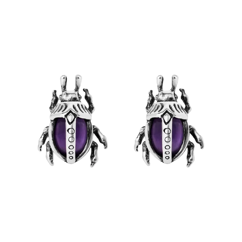 Vintage flair earrings-SACRED BEETLE - Sterling Silver & Amethyst Studs