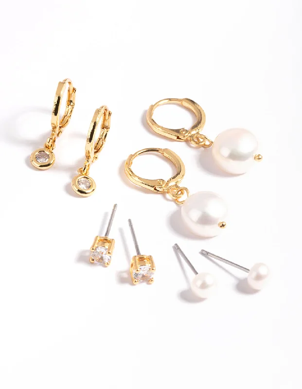 Dove feather earrings-Gold Plated Freshwater Pearl Cubic Zirconia Earring Pack