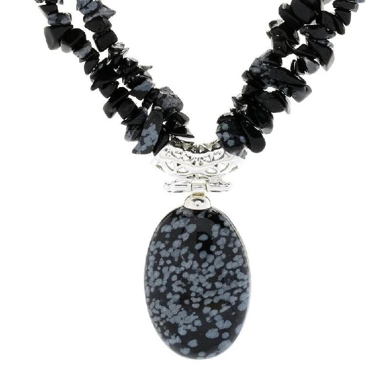 Leaf motif necklaces-Sterling Silver 17.5" 30 x 20mm Oval Snowflake Obsidian 2-Strand Necklace