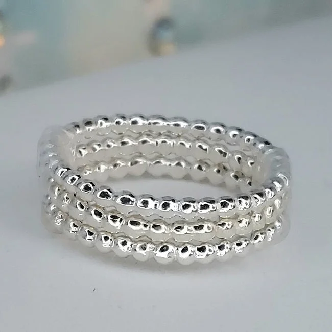 Double band engagement rings-Beaded Berries 3-Stack Set (Sterling Silver) - Sizes 1 through 11