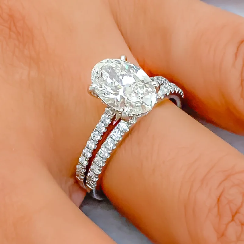 Luxe diamond engagement rings-Extravagant Oval Diamond + 14k Gold Dual Band Ring