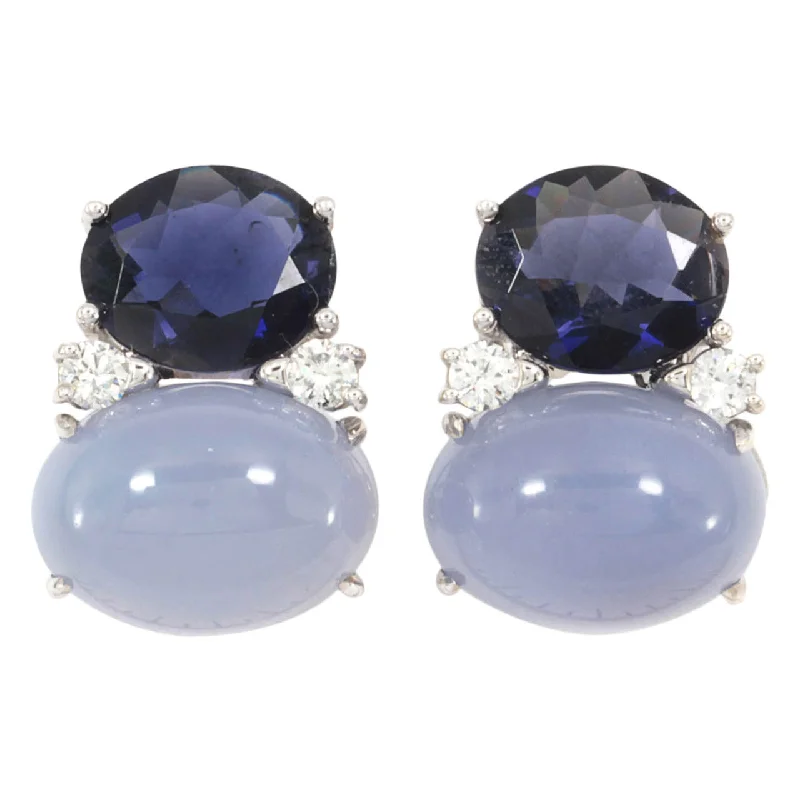 Curved design earrings-Large GUM DROP™ Earrings with Iolite and Cabochon Chalcedony and Diamonds