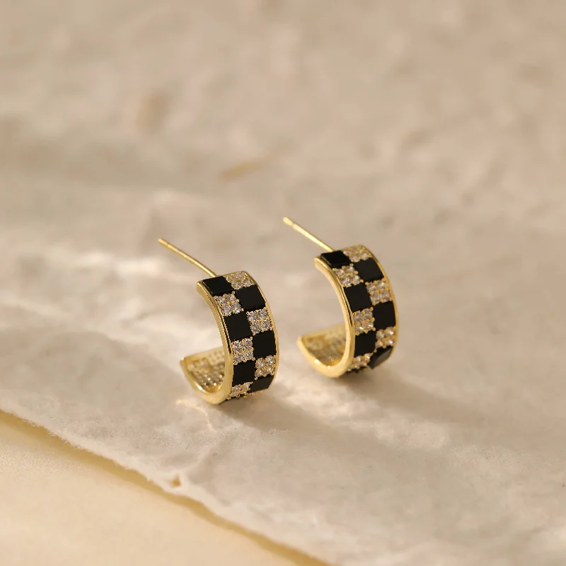 Light drop earrings-Black and White Checkerboard Gold Hoop Earrings