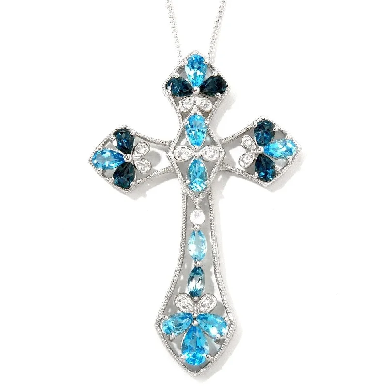 Floating gem necklaces-Sterling Silver Swiss Blue Topaz Gothic Cross Necklace