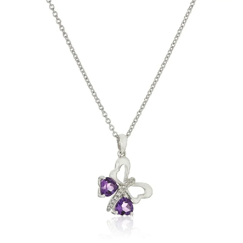 Multi-layer necklaces-Sterling Silver African Amethyst Butterfly Heart Purple Pendant Necklace, 18"